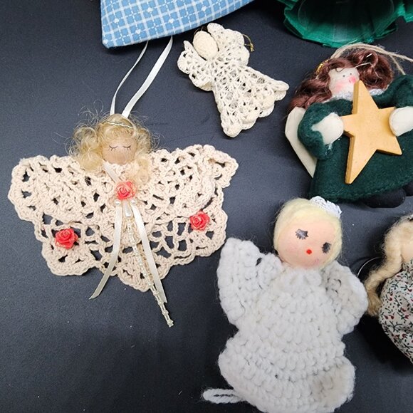 Handmade Angel Christmas Ornament Lot 12 Crochet Satin Ribbon Lace Yarn Felt VTG - Picture 6 of 8